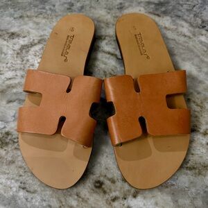 Tsavalas Handmade in Greece Cognac Brown Leather Slide Sandals Size 9